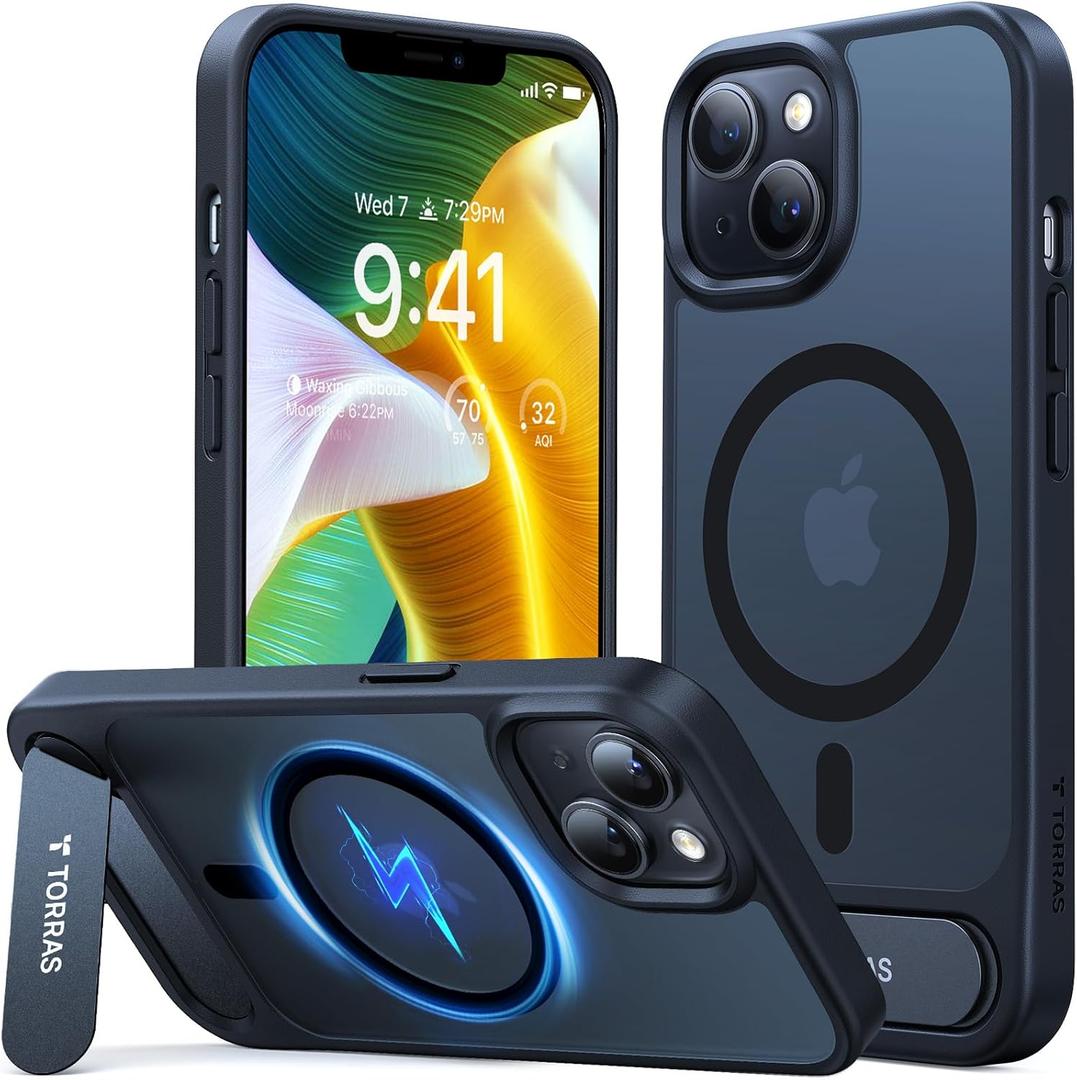 TORRAS Strong Magnetic & Seamless Stand for iPhone 13 Case/iPhone 14 Case, Fit for MagSafe, Mil-Grade Drop Protection, Adjustable Kickstand Phone Case for iPhone 13/14, Slim Frosted Matte Black