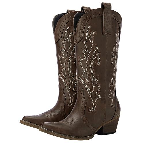 HISEA Rollda Cowboy Boots for Women, Cowgirl Boots, Comfortable Western Boots with Pointed Toe Stitched Embroidery for Country Concert Dancing Wedding Traveling Daily Outfits ( size 9)