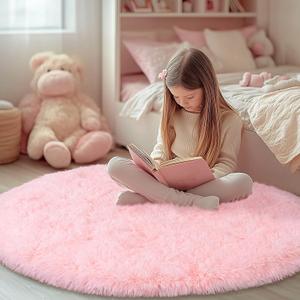 Round Fluffy Pink Rug for Bedroom, 4Ft Fuzzy Shag Circle Area Rug for Girls Kids Room Nursery, Soft Non Slip Plush Carpet for Dorm Living Room Home Decor