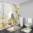 AZHM Yellow Daisy Floral Shower Curtain Set Butterfly Farmhouse Country for Bathroom Decor Set with Rugs Toilet Lid Cover and Bath Mat (Beige)