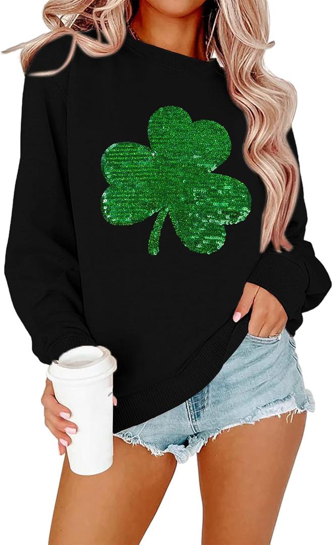 FAYALEQ St Patrick's Day Sweatshirt Women Shamrock Sequin Pullover Clover Hoodie Holiday Long Sleeve Tops (Black, S)