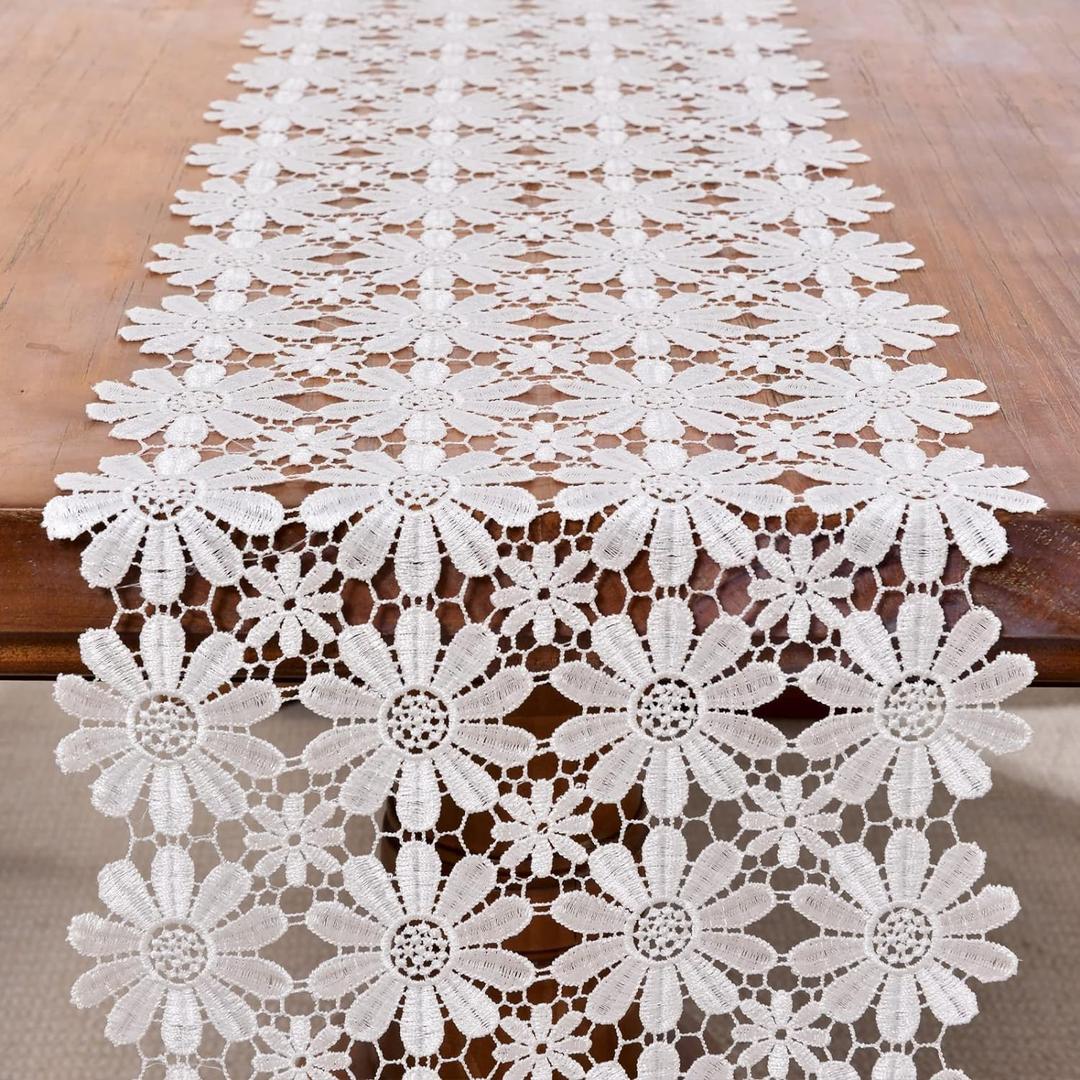 Vetableclothlve White Lace Table Runner, Summer Daisy Wildflower Table Runners 60Inches Doilies for Furniture,Brunch Buffet Decorations,Wedding Party Table Dector