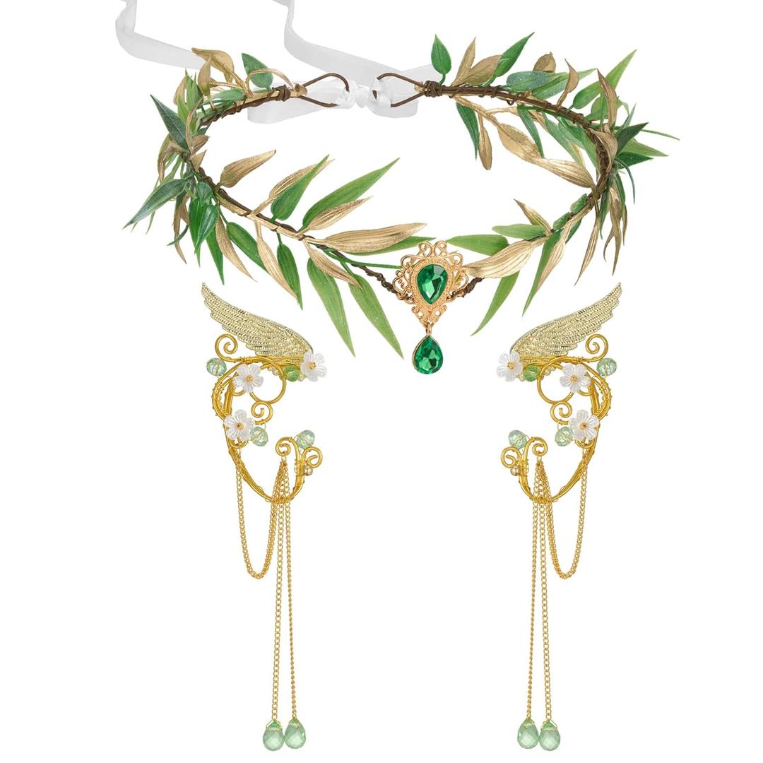 SWEETV Fairy Flower Hairband with Elf Ears, Halloween Fairy Headpiece for Women, Leaf Elf Circlet with Wings Cuff Earrings, Leaf Hairband Set for Photoshoot Cosplay Party