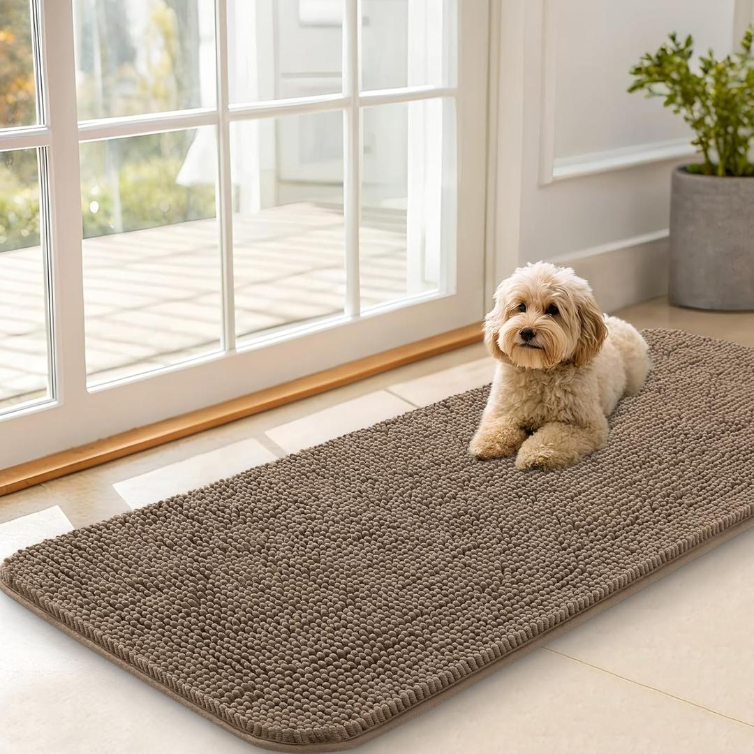 OLANLY Dog Door Mat for Muddy Paws 47x20, Absorbs Moisture and Dirt, Absorbent Non-Slip Washable Doormat, Quick Dry Chenille Mud Mat for Dogs, Entry Indoor Entryway Carpet for Inside Floor, Tan