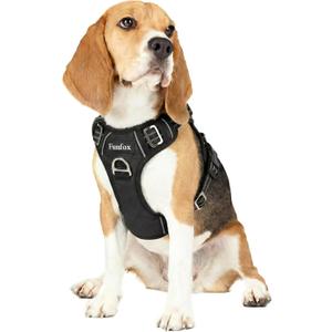 Funfox Dog Harness Medium Sized Dog, Vertical Handle Easy Control, No Pull Pet Vest Adjustable with 2 Leash Clips, Soft Material, Reflective Safe Night Walking, Black, M