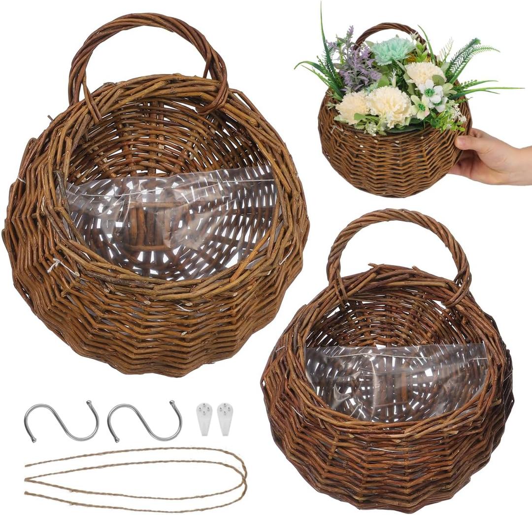 Yardwe 2Pcs Woven Wall Hanging Flower Baskets, Rattan Hanging Planters for Indoor Plants, Rustic Wall Decor Storage Containers, 12.20 X 10.62 X 4.72 Inches