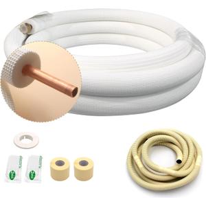 25FT Copper Tubing Mini Split Line Set 3/8" OD Single Tube with Nuts,1/2" White Insulation Kit Pipe Round Metal for Air Condition,HVAC Heating System, Refrigeration,Industry, DIY