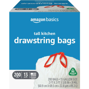 Amazon Basics 13 Gallon Tall Kitchen Drawstring Trash Bags, White with Red Drawstring, 10% Post Consumer Recycled, 200 Count