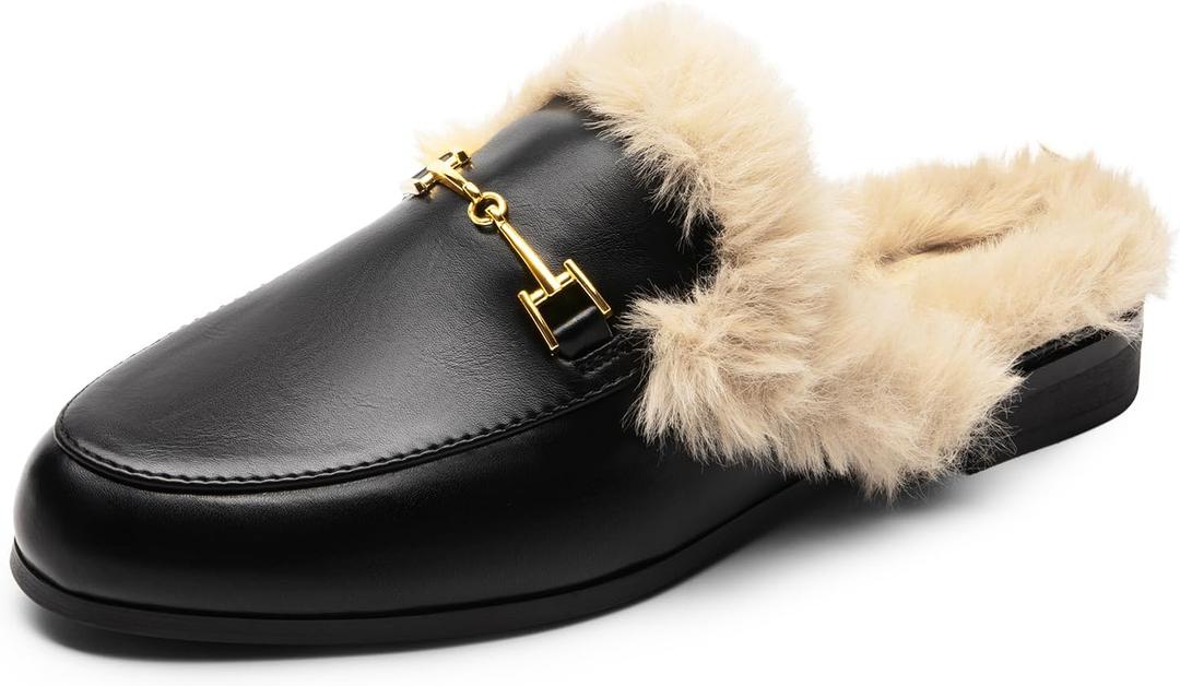 DREAM PAIRS Mules for Women Flats Comfortable Buckle Mules Slip on Slides Backless Loafers Shoes (7, Black-fur)