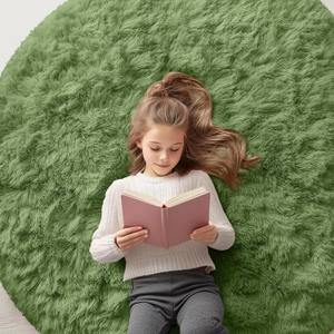 Olanly Green Round Rugs for Bedroom - Machine Washable, 5 ft Circle Area Rugs for Living Room, Soft and Fluffy Shaggy Carpet for Teen Girl and Boys, Nursery Rooms, Dorms, Home Decor Aesthetic