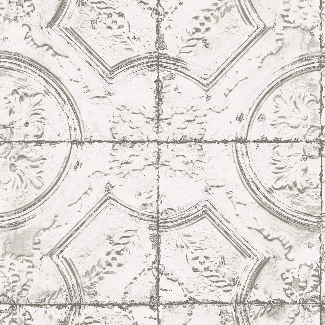 InHome NHS3711 Newport Tin Tile Peel Stick Wallpaper, White & Off-White (20.5" x 198")