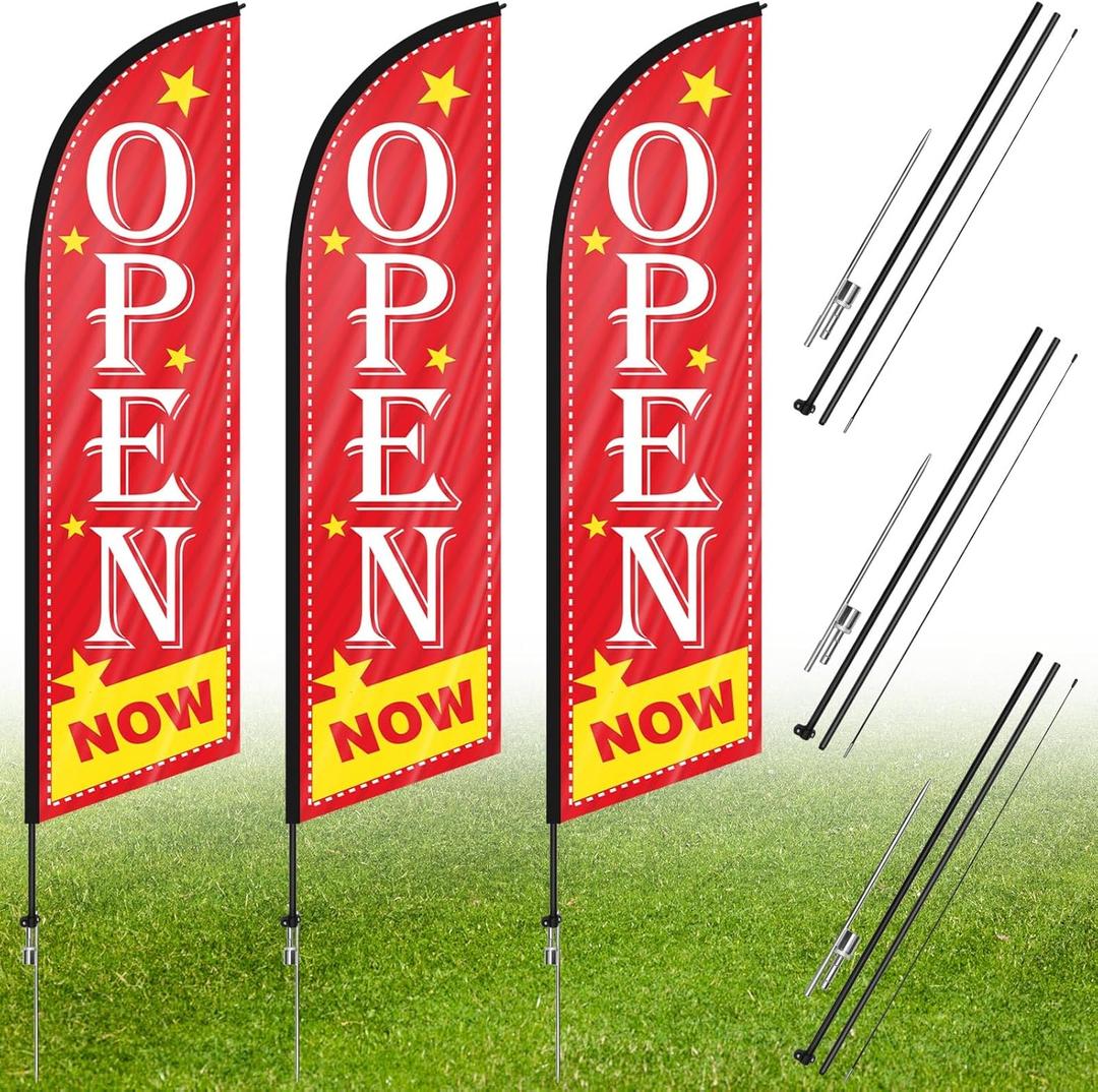 Preboun 3 Set Open Feather Flag Pole Kit 8.53 ft Now Open Flags Tall Grand Opening Advertising Banners with Poles and Ground Spikes Business Double Sided Swooper Sign for Outside House Supplies, Red