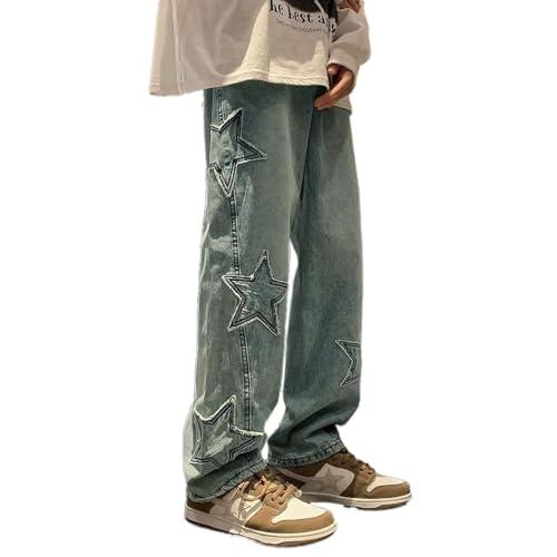 HBER Mens Y2k Star Jeans High Waisted Hip Hop Streetwear Jeans Loose Baggy Embroidery Aesthetic Harajuku Denim Pants Vintage Blue Small