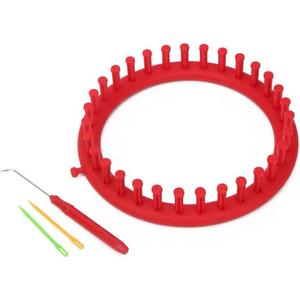 Katech Round Knitting Looms Set 19 cm Diameter Red Plastic Weaving Looms Scarf Hats Making Tools DIY Crocheting Handmade Craft Kit with a Crochet Hook and Needle for Knitting Lovers (Red)