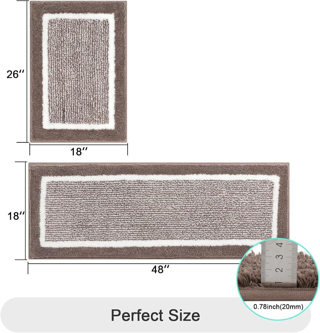 HEBE Bath Rug Set 2 Piece Coffee Non Slip Bathroom Contour Rug Combo Microfiber Bath Shower Mat and U-Shaped Toilet Rug Machine Washable(18"x26"+18"x48"+20"x24")