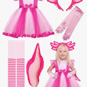 5 Pcs Pink Axolotl Costume for Girl Pink Tutu Skirt Halloween Cosplay Set for Kid Halloween Dress up Cosplay Party S