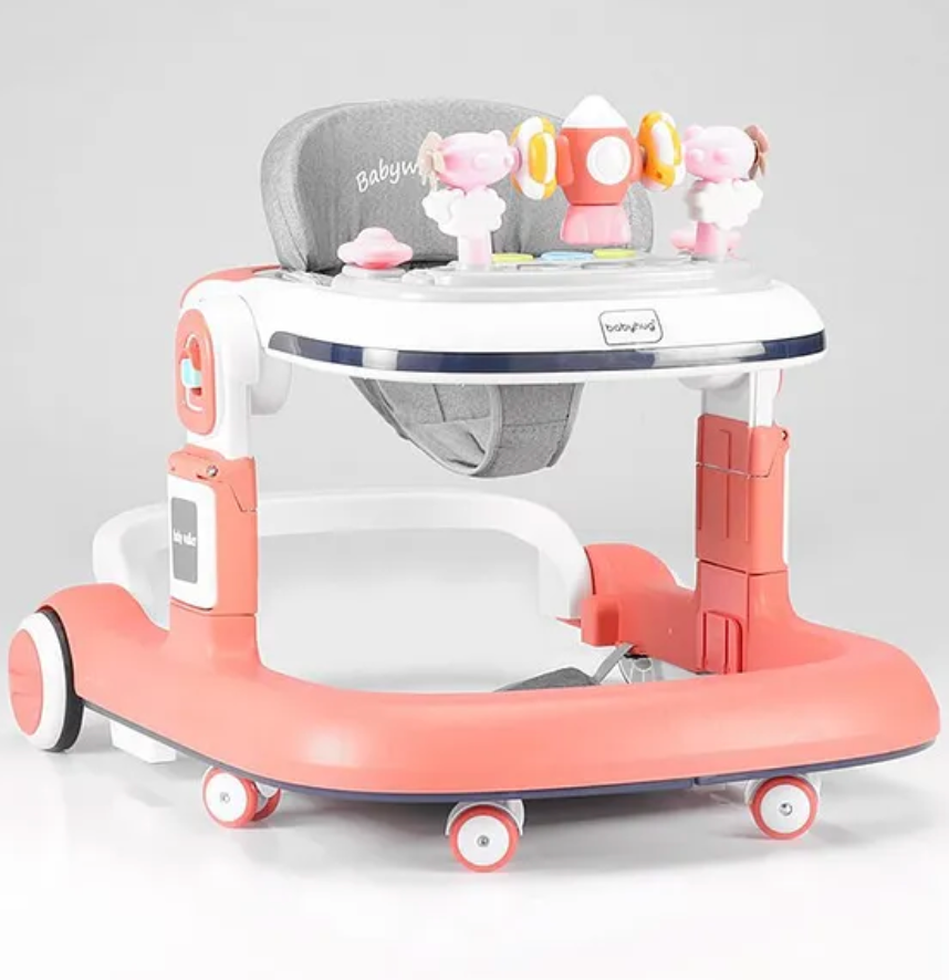 Baby Walker with Wheels – Adjustable Height, Foldable Design, Interactive Toy Tray – Pink