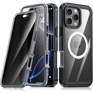 for iPhone 16 Pro Max Case,Built-in 9H Tempered Glass Screen Protector + Privacy Screen Protector, [Military Grade Protection] Shockproof Anti Spy Magnetic Back Phone Case, Black