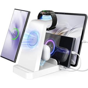 5 in 1 Wireless Charger for Samsung, Wireless Charging Station for Multiple Devices, Fast Charger Stand for Samsung Galaxy S25 Ultra S24 S23 S22 S20 Note 20 10 Z Fold 6 Galaxy Watch 7 6 5 Buds,White