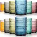 KMIGRUAN Colored Hobnail Drinking Glasses Set of 12, 15oz&12oz Kitchen Vintage Glassware, Embossed Beaded Water Tumbler for Cocktail, Juice and Various Mixed Drinks Dishwasher-Safe