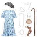 100 Days of School Outfit Old Lady Costume Halloween Granny Dress Wig Accessories (Medium, Gray)