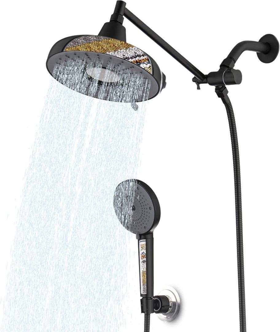 Dual Filtered Rain Shower Heads with Handheld Spray Combo, 8-Inch 3 Way High Pressure Rainfall Showerhead, 10 Inch Adjustable Extension Arm, Shower Head Filter for Hard Water - Removes Chlorine, Black