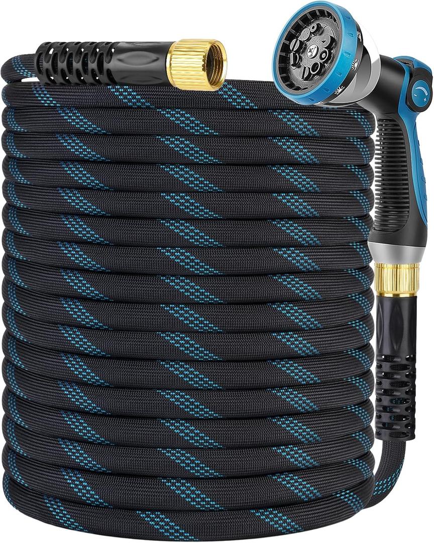 Non-Expanding Garden Hose 100 ft, Kink Free Flexible Water Hose with 10-Pattern Spray Nozzle, Lightweight Hose Pipe, Leak Proof, 3/4" Swivel Connectors, Super Fabric, Portable Storage Strap, Blue
