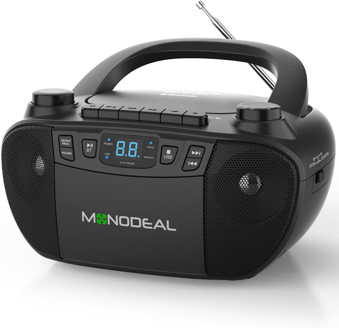 MONODEAL Cassette Tape Player with Bluetooth, Boom Box CD Player AM FM Radio, Multi-Functional CD and Cassette Player Combo,Tape Recording,USB/AUX,AC/DC Power,Headphone Jack for Gift