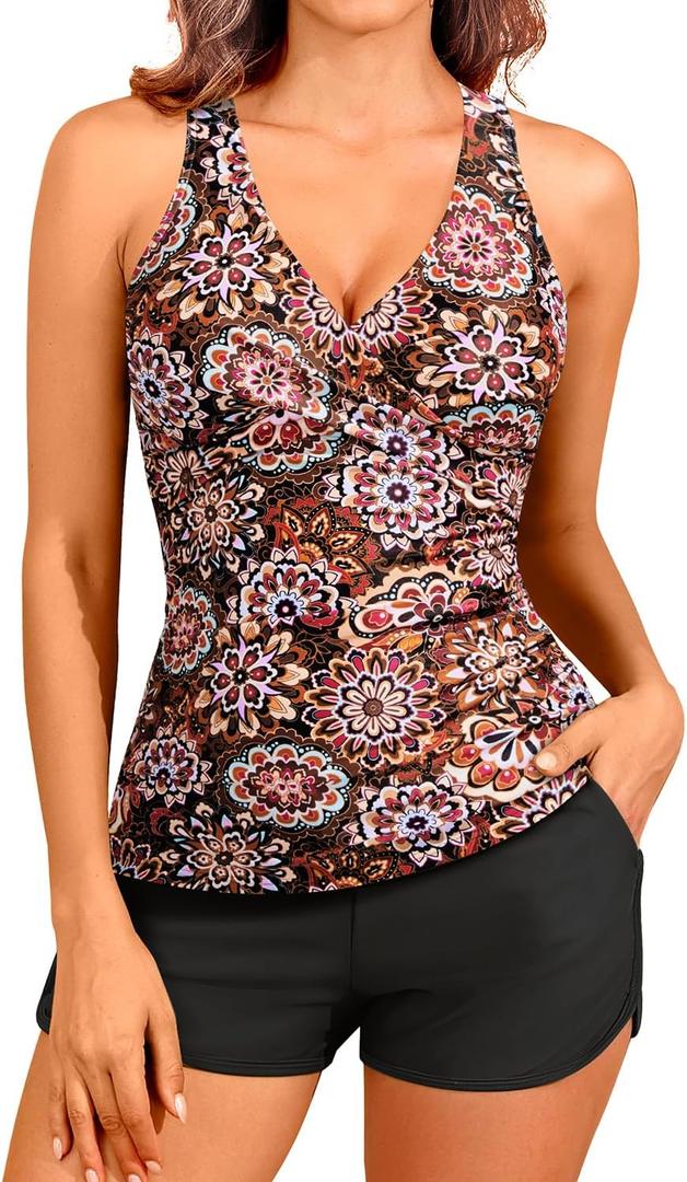 Women Tankini Swimsuits with Shorts - Two Piece Tummy Control Bathing Suits Top with Two Pockets Bottom Swimwear (Large, Mandala)