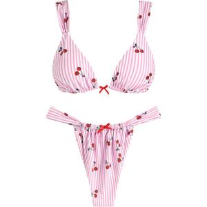 ZAFUL Bikini Sets for Women Triangle Bow Decor Ruffle Straps Lace up Swimsuit 2 Pieces High Cut Bathing Suits (Small, 2-cherry Pink)