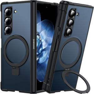 Hensinple for Samsung Galaxy Z Fold 6 Case with Ring Stand, [Compatible with MagSafe][Slim Fit], Magnetic Charing Translucent Back Shockproof Phone Case for Z Fold 6, Black