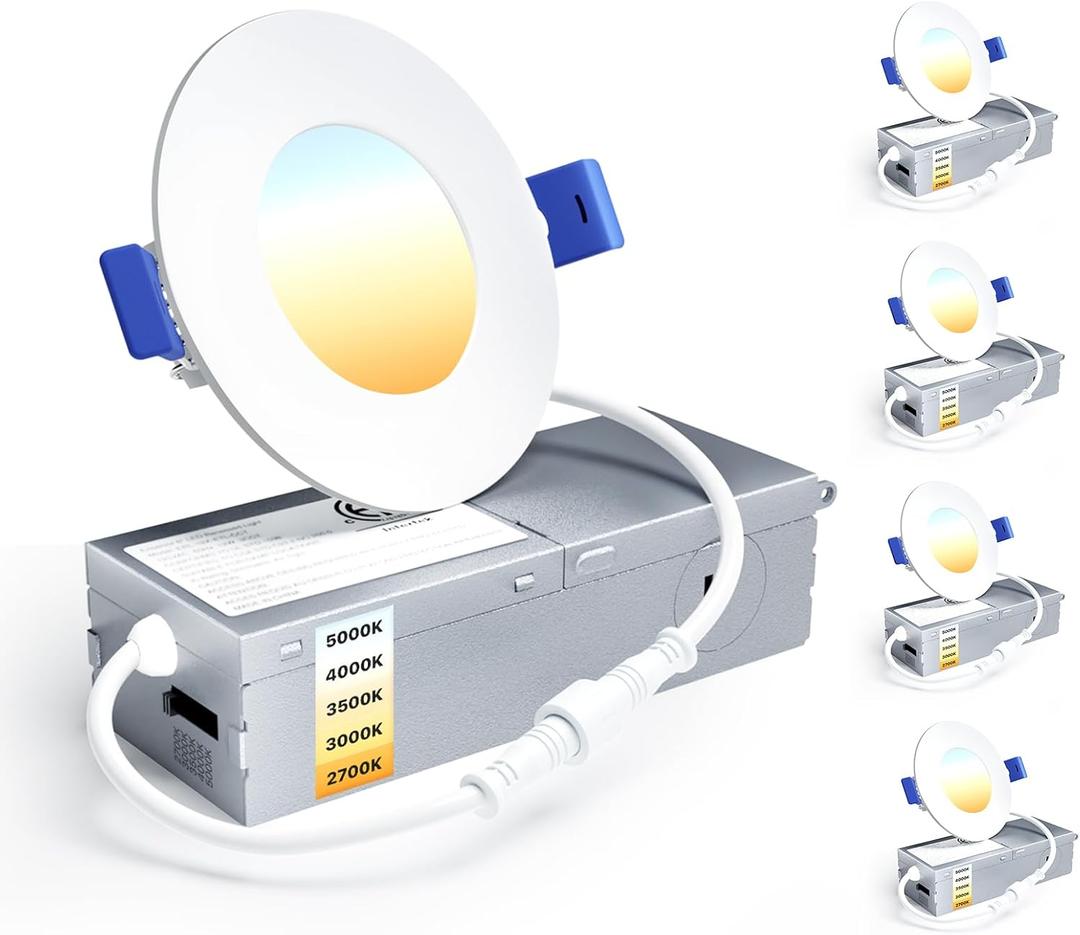Ensenior 4 Pack 3 Inch LED Recessed Light, Dimmable, 2700K-5000K 5CCT, 500LM High Brightness, 6W 120V, Damp Rated, Ultra-Thin Canless Wafer Light - ETL & FCC & IC