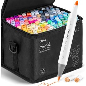Ohuhu Alcohol Markers Brush Tip -Double Tipped Art Marker Set for Artist Adults Coloring Illustration - 120 Colors- Brush & Chisel Dual Tips- Honolulu of Ohuhu Markers- Refillable Alcohol-based Ink