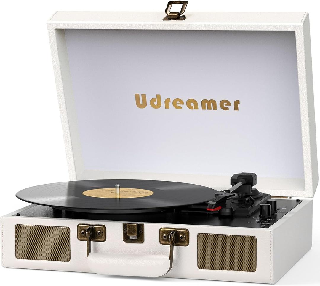 Vinyl Record Player Suitcase with Built-in Speakers, Portable Turntable with RCA, Line in, Bluetooth and Headphone Jack for Records, Vintage LP Player in PU Leather White