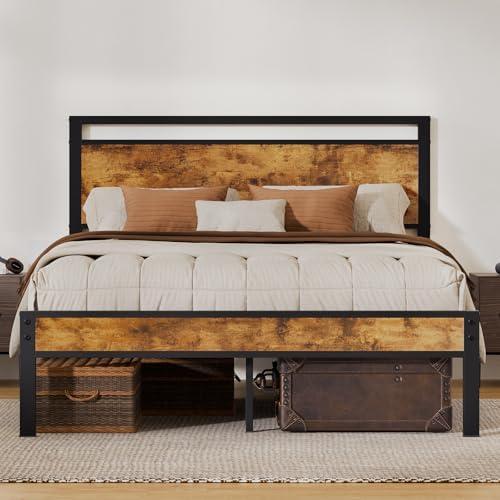 Z-hom Queen Bed Frame with Modern Wood Headboard & Footboard, Upgraded Heavy Duty Metal Sturdy Bed Frame Queen Size, Stable Platform Bed Furniture Bed Storage, No Noise, No Box Springs, Vintage Brown