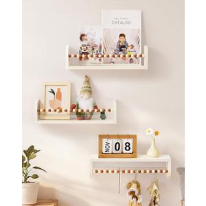 ROBUD Nursery Book Shelves, Wooden Kids Bookshelf Wall Set of 3, White Floating Shelves for DIY, Nursery Shelves for Wall with Stop, Book Shelf for Kids Rooms, Living Room, WF005