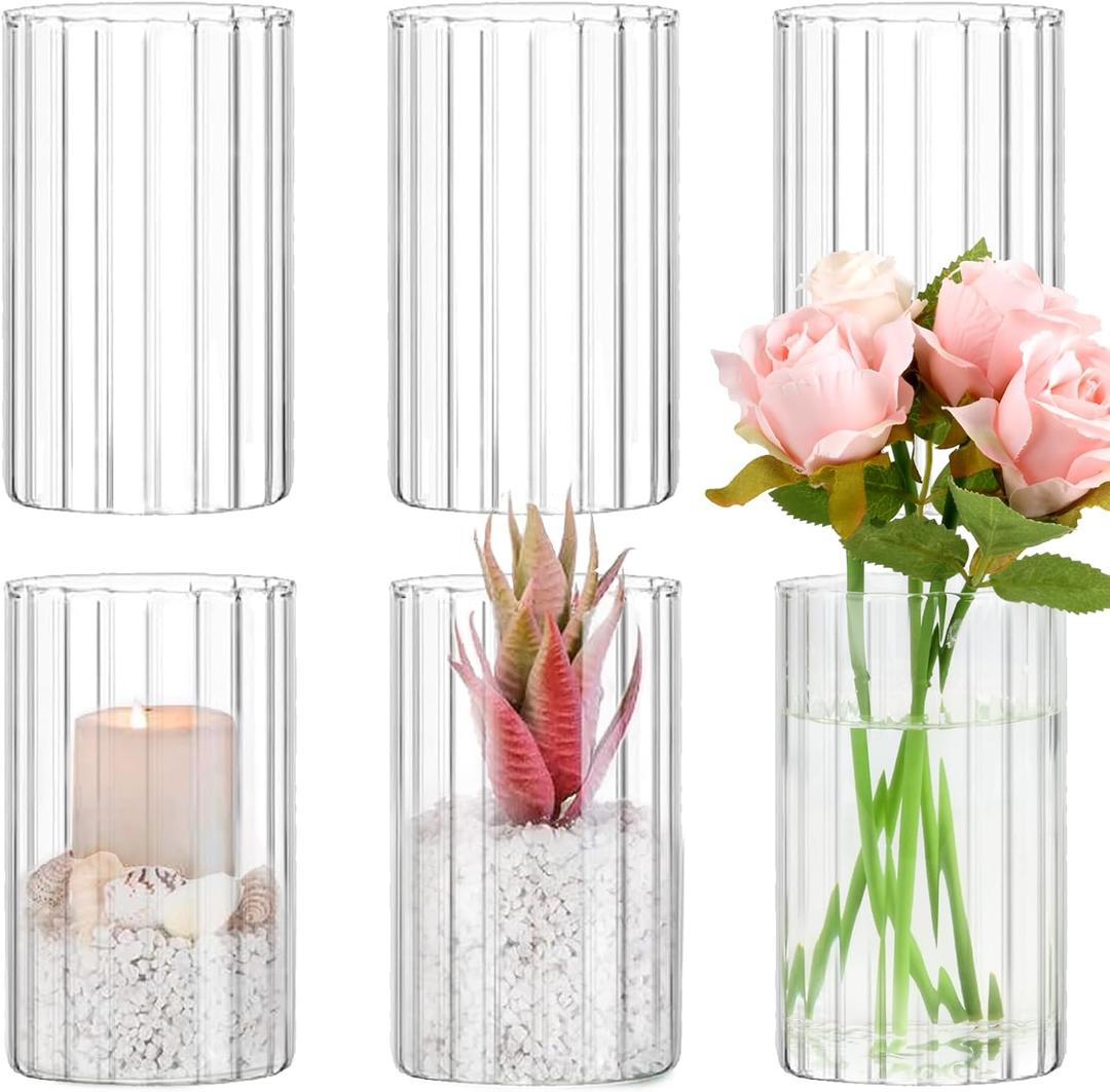 6pcs Glass Cylinder Vases for Centerpieces, 6 Inch Tall Clear Ribbed Vases Bulk for Wedding Glass Floating Candle Holder for Dinner Table, Fireplace, Party, Home Decor