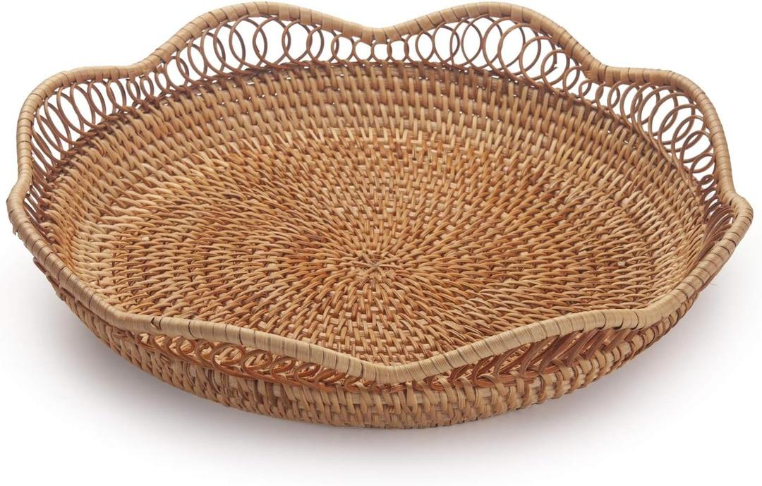 Rattan Fruit Basket for Serving Woven Bread Tray for Cake Kitchen Counter Table Natural (11.8inch D x 3.5inch H)