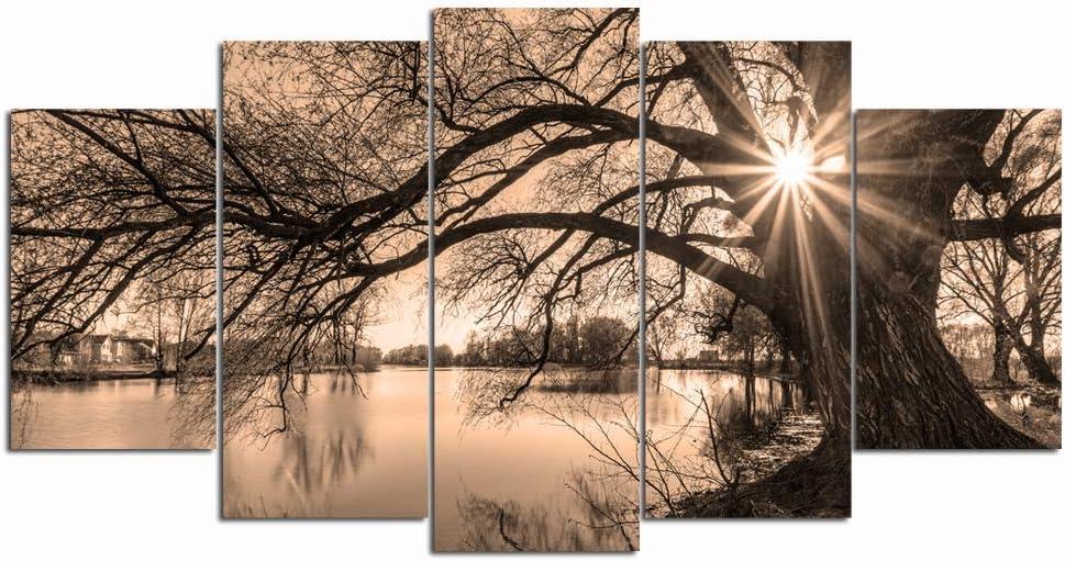 Nachic Wall Large 5 Piece Canvas Wall Art Tree By Lake at Sunset Picture Canvas Prints Vintage Sepia Landscape Photo Painting for Home Office Decor