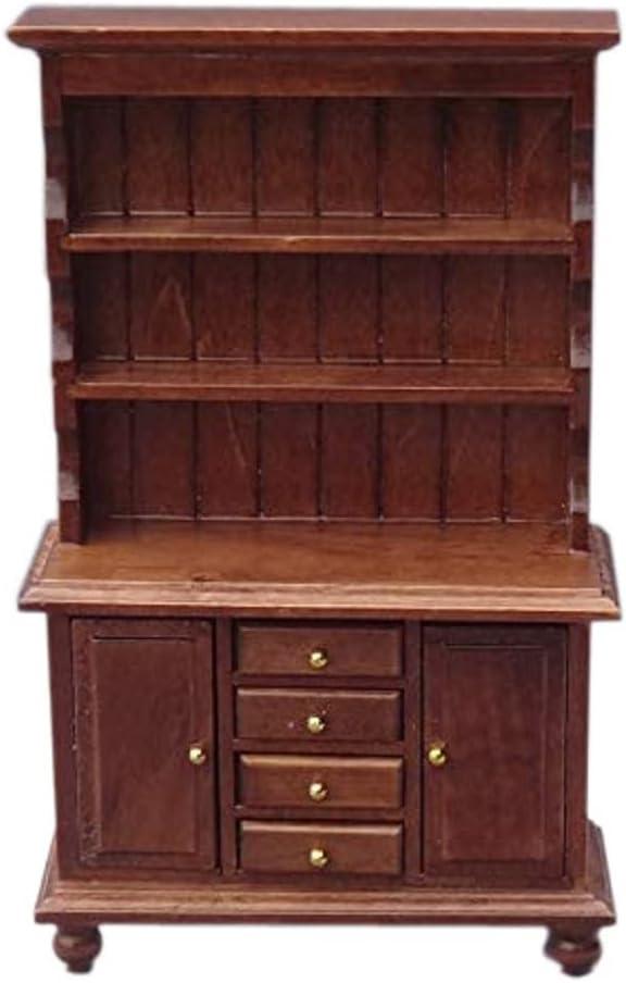 1:12 Scale Miniature Cupboard Bookshelf Classic Wooden Mini Storage Hutch Kitchen Dollhouse Bookshelf Wood Cabinet 1:12 Furniture Display Showcase Decoration Sideboard Accessories (Walnut Color)