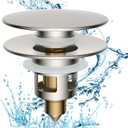 Hibbent All Metal 2 in 1 Bathroom Sink Stopper, Universal Pop Up Drain Strainer, Brass Bullet Core Push Type Sink Stopper for 1.1''~2.3'' Basin, Big Push Button, Anti Clogging Filter, Brushed Nickel