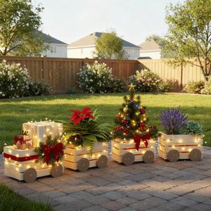 Amyhill 4.3ft Wood Pre-Assemble Christmas Express Train Decorations Indoor Outdoor Gift Boxes Extra Large Flower Planters Box Set DIY Santa Presents Train for Yard Xmas Holiday Party(Natural)