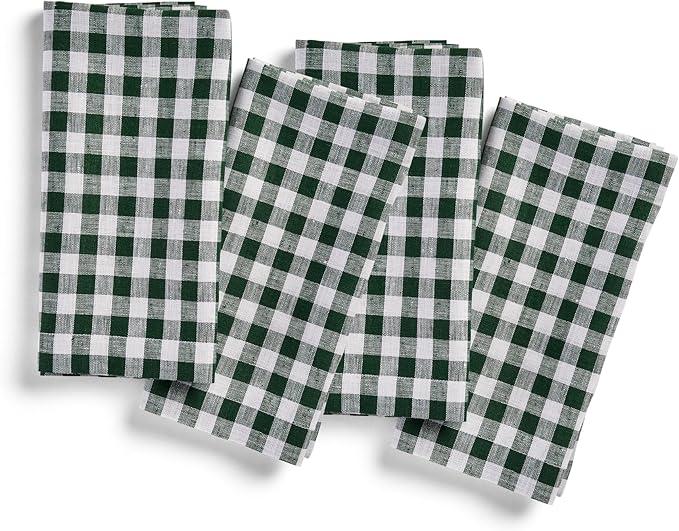 Solino Home Linen Napkins Set of 8-100% Linen Gingham Green Dinner Napkins 20 x 20 Inch - Handcrafted and Machine Washable - Gingham Check - Christmas, Dark Green 