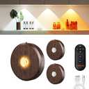 Puck Lights With Remote Control - Rechargeable, Wireless Under Cabinet Lighting, 2000mAh Battery Operated Tap Push Touch Light, Stick On for Counter, Shelf, Bookcase (Wood Color, 3 Pcs)