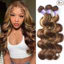 Ombre Human Hair Bundles Body Wave P4/27 Honey Blonde Bundles Highlight Brown Colored 3 Bundles 14 16 18 Inches 12A 100% Brazilian Virgin Remy Hair Weft