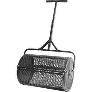 24 Inch Compost Spreader and Peat Moss Spreader, 24" Lawn Spreader Roller Spreader with Height Adjustable T Shaped Handle, Steel Mesh Basket Garden Spreader for Spreading Manure Topsoil, Black