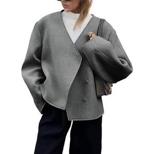 Cicy Bell Womens Cropped Wool Jackets Fall V Neck Short Pea Coats Single Breasted Outerwear Winter Outfits M 