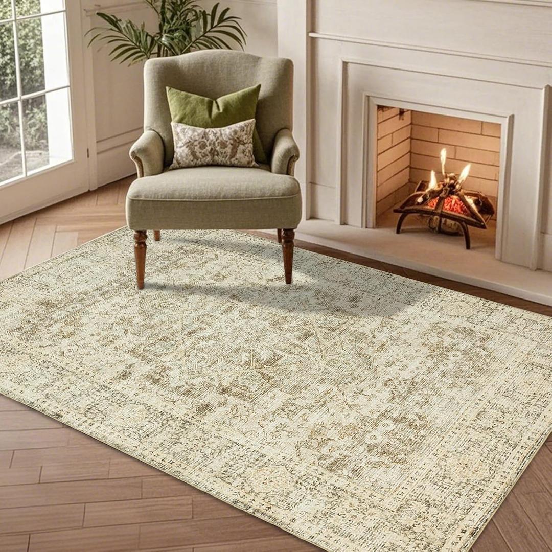 Washable Area Rug 5x7: Machine Washable Rugs Carpet for Living Room Bedroom - Non Slip Oriental Rug for Dining Room Table - Low Pile Vintage Soft Rug for Home Decor - Vintage Sand Beige