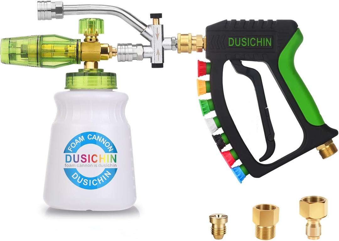 DUSICHIN Foam Cannon Pressure Washer Gun Kit 4000 PSI Double Tip Attachment, Dual-Connector Accessory Soap Cannon,Car Wash Foam Gun Snow Foam Lance 1/4 Inch Quick Connector,7 Sprayer Nozzles DUS2904