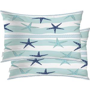 Duotone Blue Nautical Starfish Throw Pillow Covers,Dark Blue Coastal Stripe Cushion Cover Digital Blended Hidden Zipper Decorative Pillowcases for Bedroom Lumbar 20X26 in 2 Pcs